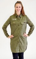 Army grn, lang skjorte/ kjole/ cardigan, i kraftig elastisk bomuld, med 