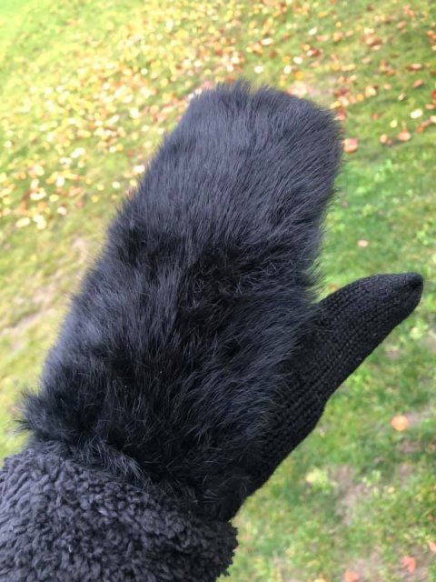 Sknne sorte luffer, med pels p hndryggen og strik inde i hnden inden i er super bld kunstpels. Str. One size.