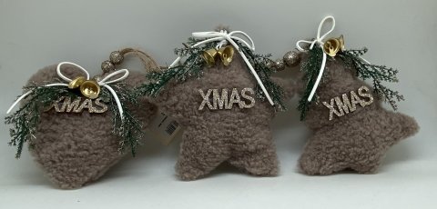3 styk plys stof julepynt i beige ca. 12-15 cm. store, med glimmer skrift p tr og glimmer kugler ved ophng. Formet som hjerte, klokke og stjerne.