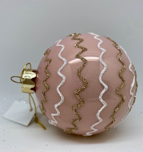 8 cm. Smuk glaskugle i rosa, striber i hvid og guld, med glimmer. Fra POBRA.