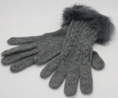 Strik handsker i grå med kanin pels. One size.