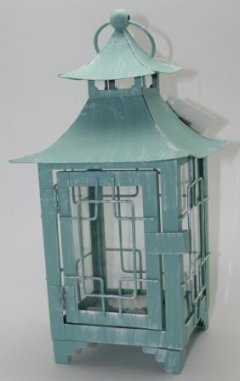 25 cm høj flot turkis lanterne til lys i metal.